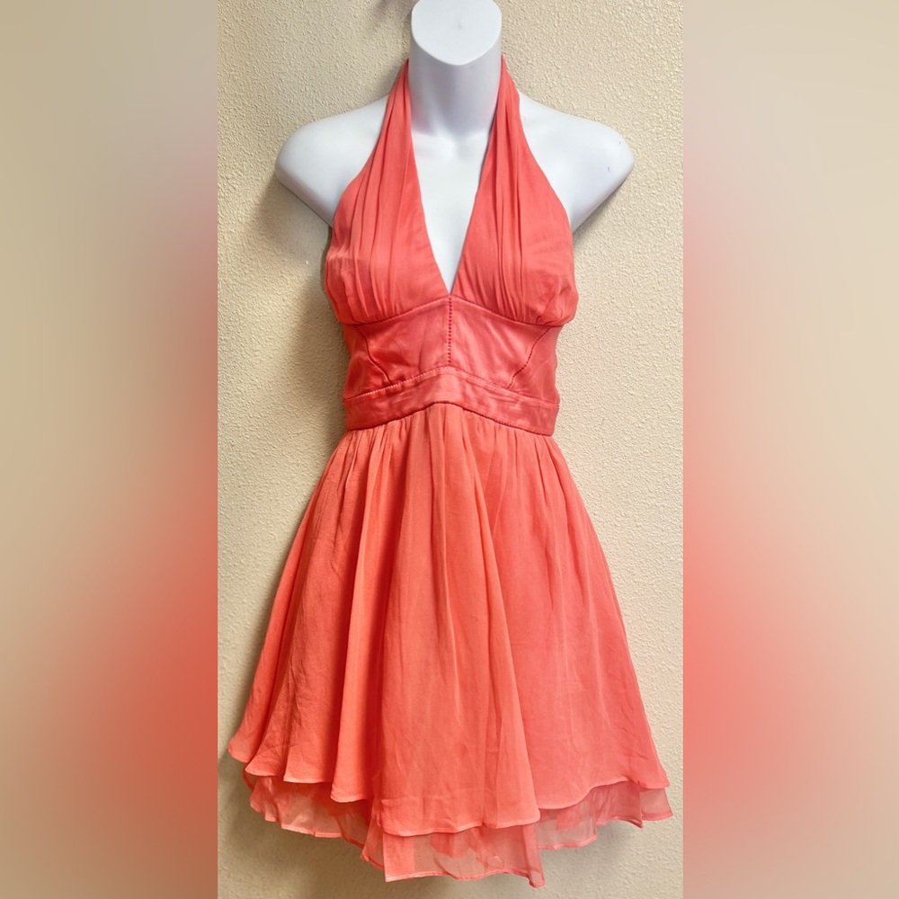 BEBE Coral Silk Halter Dress Y2K 2000’s Summer/Spring Vacation Fairy